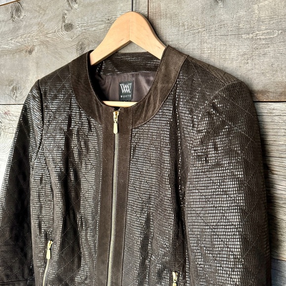 W by Worth Genuine Suede Cropped Embossed Metallic Jacket 3/4 Sleeve Zip Up XS - Picture 2 of 10